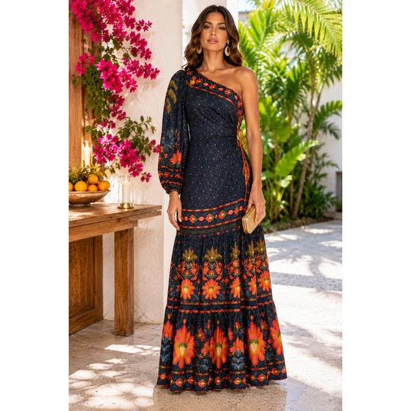 FARM Rio Dresses & Skirts - Rare Farm Rio Navy Floral Metallic Stripe One Shoulder Maxi Dress M Resort Boho